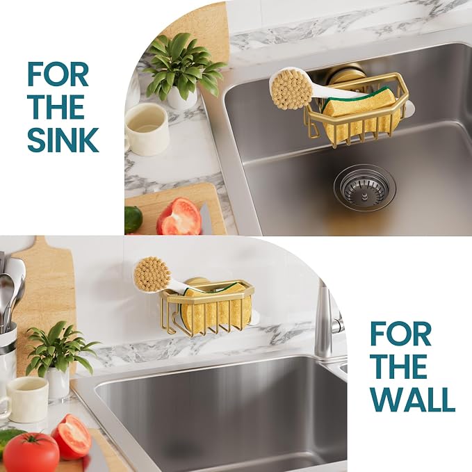 TAILI Sponge Holder for Kitchen Sink with Suction Cup-Gold, Aluminum | Rustproof Aluminum Sink Caddy for Sponges,Brushes,Stoppers & Scrapers,Removable Ventilated Quick-dry Design, holds Up 11lbs