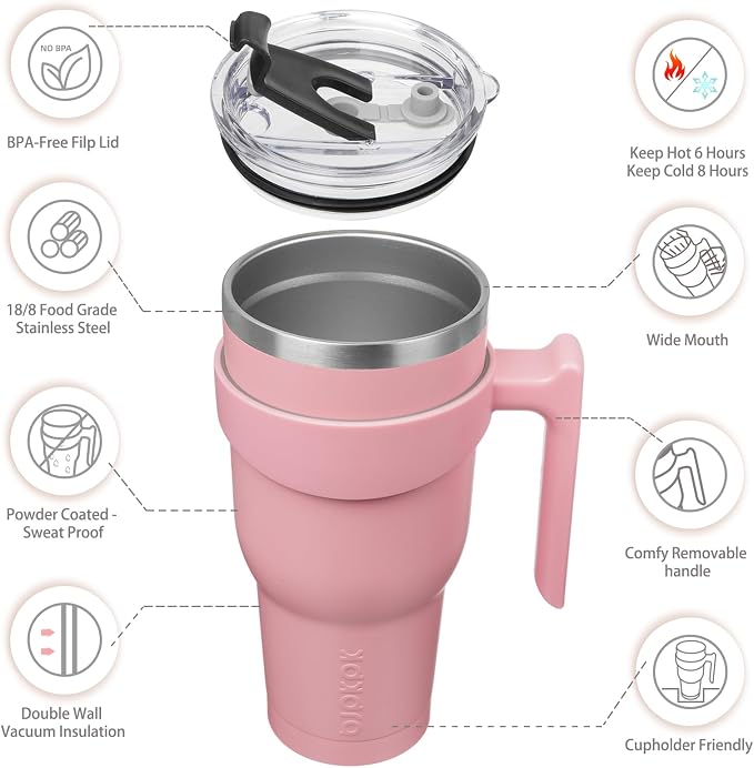 BJPKPK 40 oz Tumbler with Handle & Straw, Insulated Stainless Steel Mug | Double Wall Vacuum, Keeps Hot/Cold, Thermal Cup, BPA Free, Dishwasher Safe, Cupholder Fit, Coffee & Travel, Light Pink