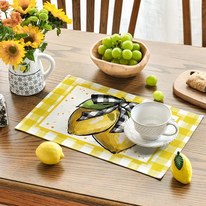 Artoid Mode Yellow Buffalo Plaid Lemon Placemats for Dining Table, 12 x 18 Inch Summer Seasonal Decoration Rustic Washable Table Mats Set of 4