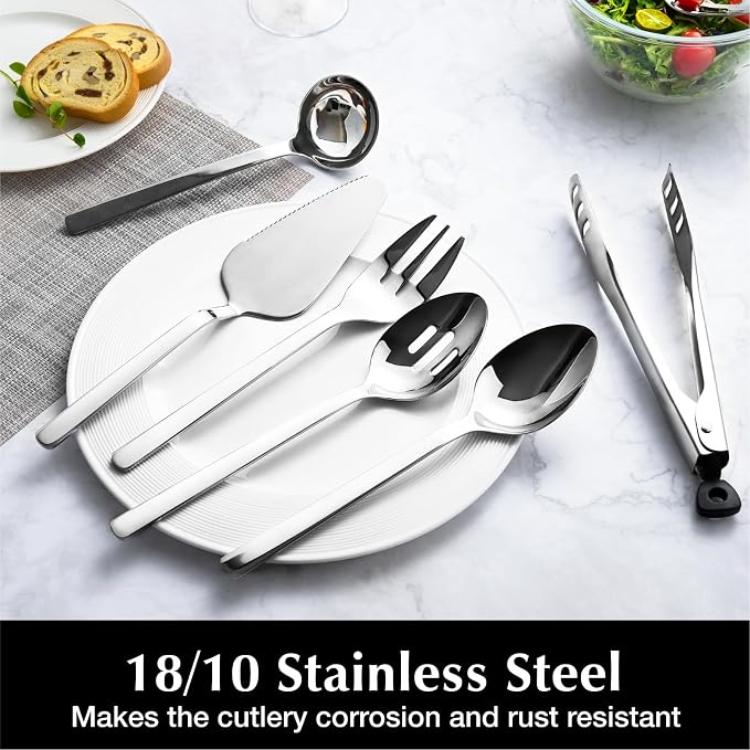 5 piece Large Hostess Serving Utensils Set,18/10 Stainless Steel | Heavy Duty 10-inch Serving Spoons, Slotted Spoons, Serving Fork, Serving Tongs, Cake Pie Server for Buffet, Wedding, Parties