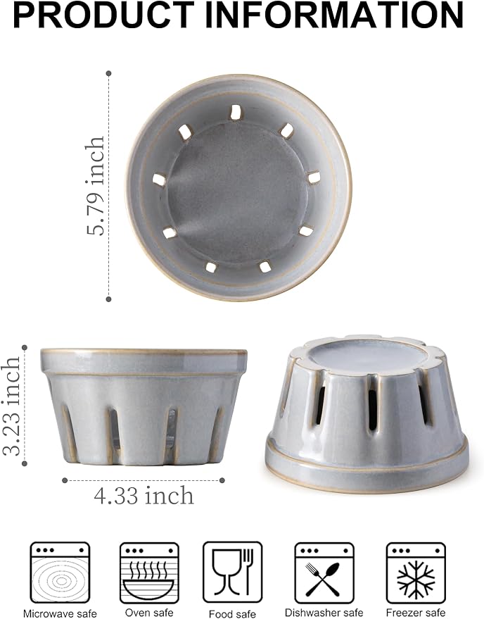 Gomakren Ceramic Berry Bowl Set of 2, Fruit Containers for Fridge, Gray | Drain Holes Keep Berries Fresh, Stackable, Wash & Serve | 5.8In Round Strawberry Grape Cherry Basket, Farmhouse Kitchen Decor