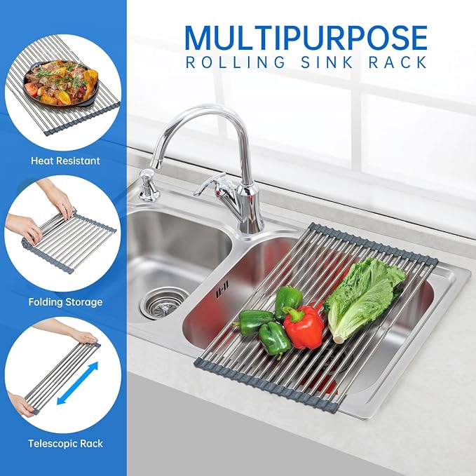 CHIRISEN Expandable Large Roll Up Dish Drying Rack 18 Tube 21.25x12.79''Collapsible Over The Sink Rack Non-Slip Silicone Rolling Dish Drainer Stainless Steel Roll Rack for Kitchen Sink Counter (Gray)