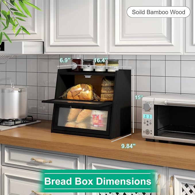 kiplant Large Black Bread Box, Double-Layer Bread Box for Kitchen Counter, Bamboo Bread Storage Container with Wavy Acrylic Transparent Door