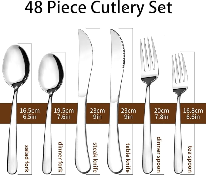 Silverware Set with Steak Knives, 48-Piece Flatware Set for 8 Cutlery Set | 18/0 Stainless Steel Silverware set, Mirror Polished Kitchen Cutlery Set Service for Home and Restaurant, Dishwasher Safe