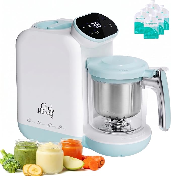 Baby Food Maker with Stainless Steel Steam Basket, One-Step Steam & Blend | All-in-one food processor with BPA-free food-contact parts, adjustable textures, 6 food pouches, plus a recipe guide.