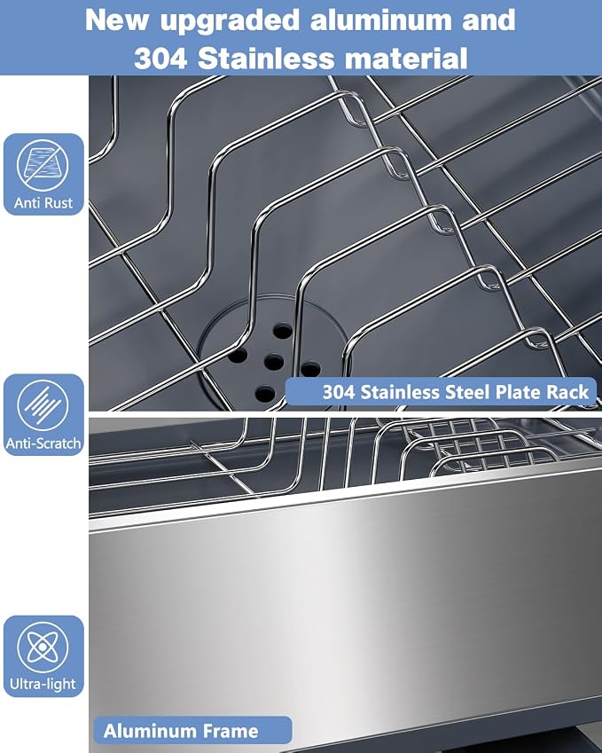 Dish Drying Rack with Drain Board, 304 Stainless Steel Core, Aluminum Rustproof Frame, Anti-Slip Elevated Feet, Removable Adjustable Spout, Utensil Holder, Gray