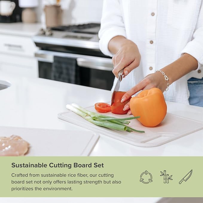 Rice Fiber Cutting Board Set with Stand, 2-Piece, Bamboo | Juice grooves, handles, 13.5x9.5in and 15.5x11in boards, cooking prep