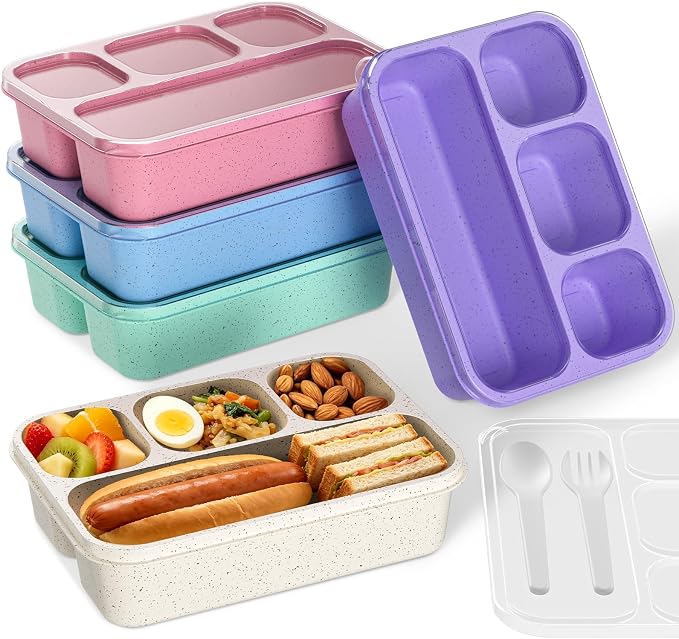 Bento Box 5-Pack, 4-Compartment Lunch Box for Women, Men & Kids, BPA-Free Wheat Straw Snack Containers, Ideal for Meal Prep, Travel, School, Work (5 Colors)