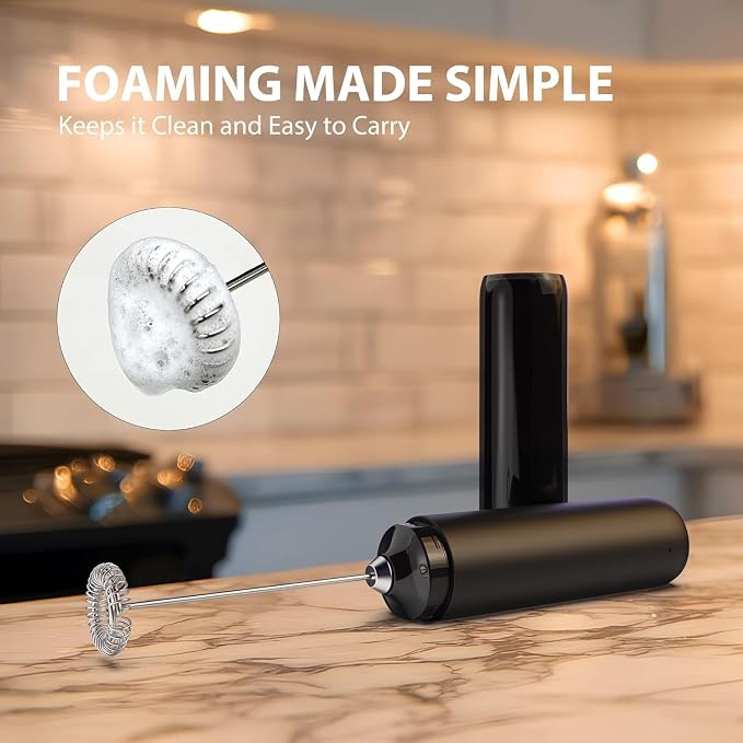 Rechargeable Milk Frother Handheld, Coffee Frother Wand Drink Mixer with Stainless Steel Whisk for Coffee, Cappuccino, Lattes, Frappe, Matcha and Hot Chocolate, (Black)