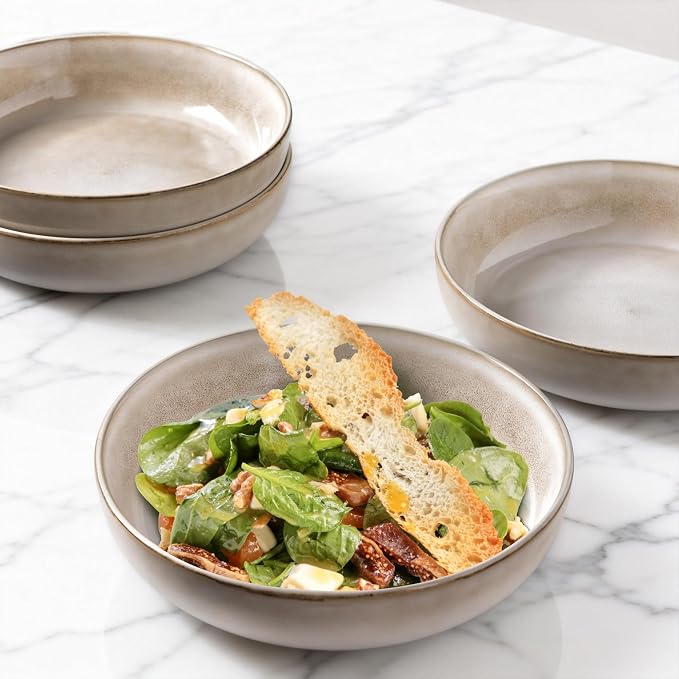 GBhome 8.75'' Large Ceramic Pasta Bowls, 38oz Stoneware Pasta Serving Bowls Set of 4 for Kitchen, Wide Bowls for Fruit,Pasta,Salad,Oatmeal,Meal, Microwave Safe, Reactive Glaze-Cappuccino