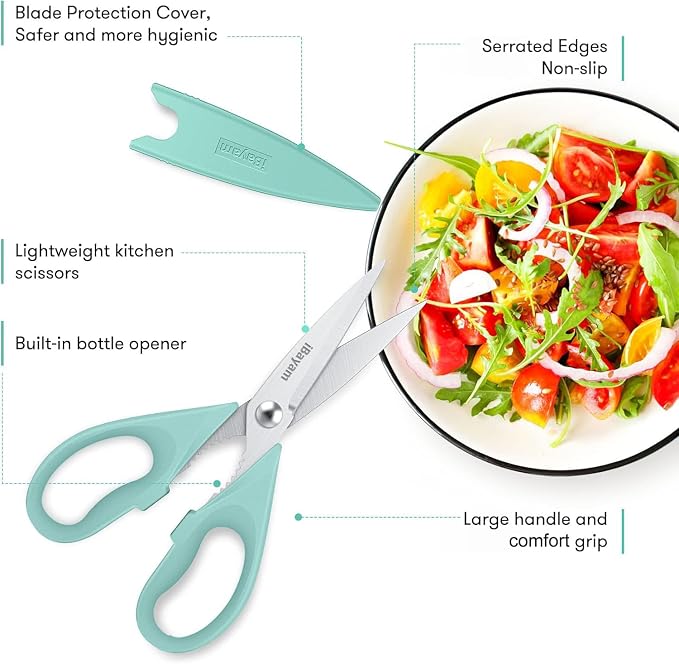 iBayam 2 Pack All Purpose Kitchen Scissors Shears Heavy Duty, Blade Covers | Stainless Steel Blade, Soft Comfort-Grip Handle, Dishwasher Safe, Food & Meat Scissors, Home, Kitchen, Dining Utility Gadgets