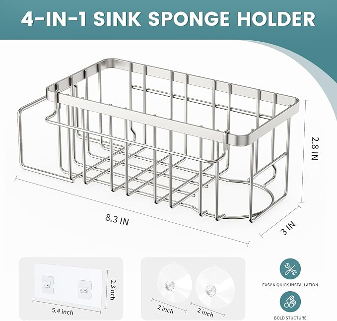4-in-1 Sponge Holder for Kitchen Sink, Sink Caddy Organizers, Silver | Rustproof, Adhesive hook, Suction cups, Kithen Countertop Organizers and Storage