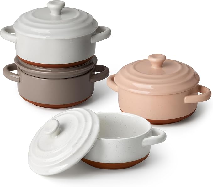 MALACASA 12 OZ Small Casserole Dishes for Oven, Mini Cocotte Set of 4 | Ramekins with Lids and Handles, Ceramic Mini Dutch Oven Set of 4, Single Serving, Oven, Dishwasher Safe, Multicolor