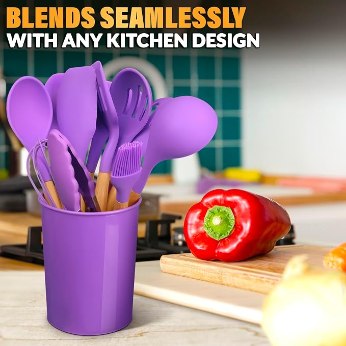 12 Pcs Purple Kitchen Accessories with Holder for Nonstick Cookware | Silicone Cooking Utensils Set for BBQ; Heat-Resistant Tools with Wooden Handles for Baking, Serving, Frying, and Mixing