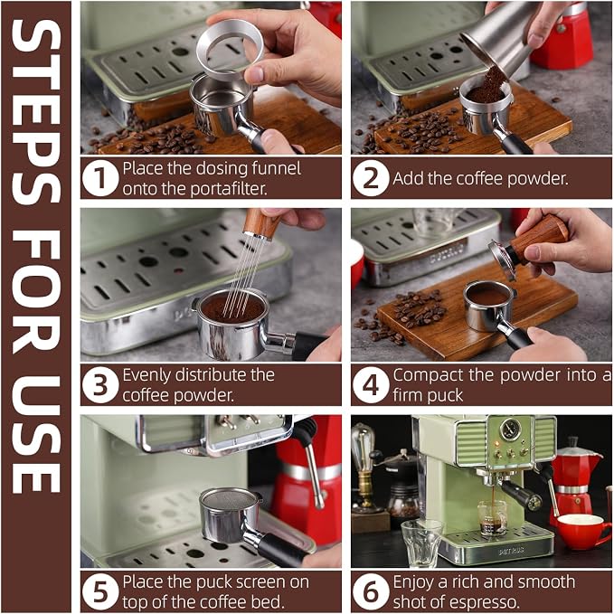 53.5mm Espresso Accessories Kit with Tamper, WDT Tool and Funnel | Rosewood spring-loaded espresso tamper and WDT tool espresso, 8 needles, aluminum dosing funnel, mat for 54mm Portafilter