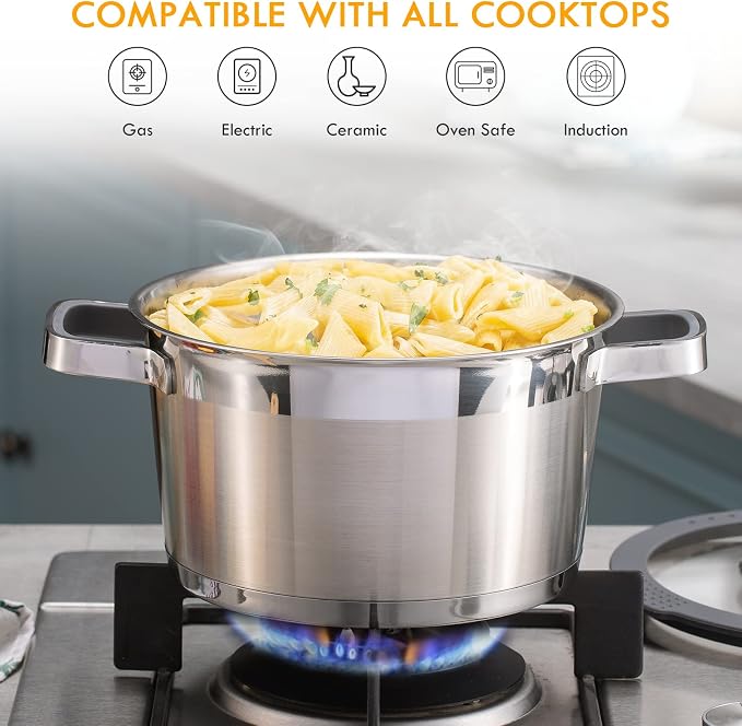 MARSKITOP 3 Quart Stock Pot with Lid, 18/8 Stainless Steel Pasta Pot | Strainer Lid, Cool-Touch Handle, Compatible with All Cooktops, Dishwasher Safe