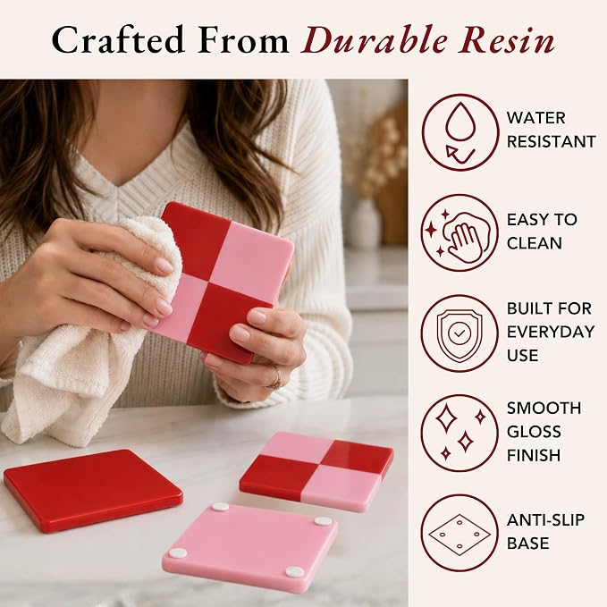 Folkulture Pink & Red Decorative Coasters Set of 4, Non Slip, 4 Inch | Coffee Table, Farmhouse Decor, Modern Home Decor, Easy to Clean, Housewarming Gift