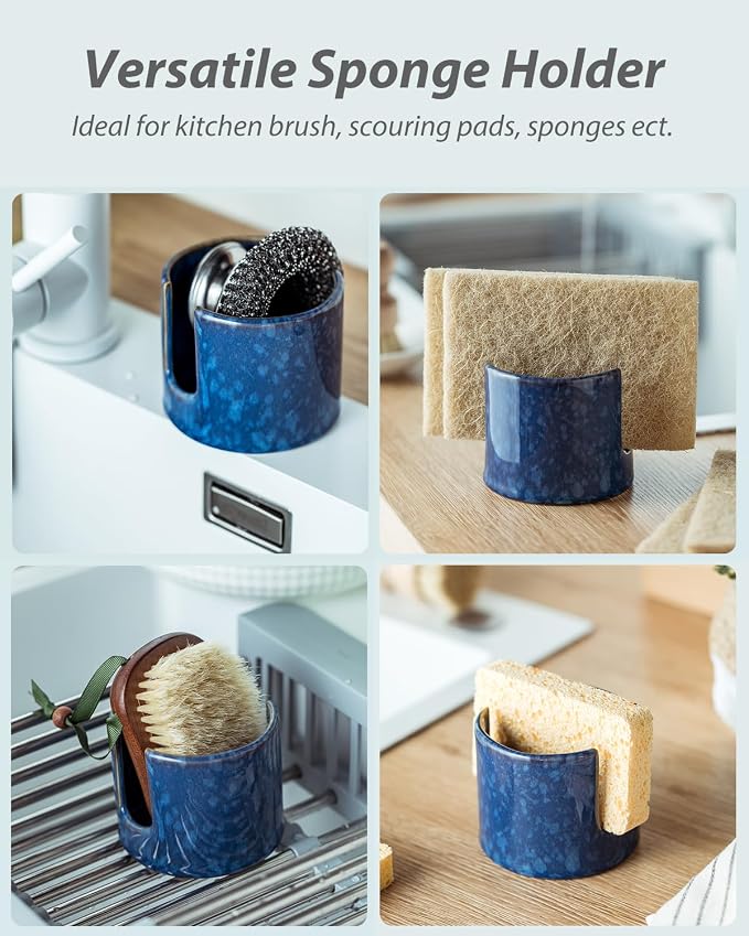 Zoeeker Kitchen Sponge Holder, Ceramic Sponge Organizer Scrubby Holder | Cute Sink Caddy Dish Brush Rack Kitchen Storage Accessories Sink Caddy for Bathroom Countertop, Farmhouse Kitchen Decor, Blue