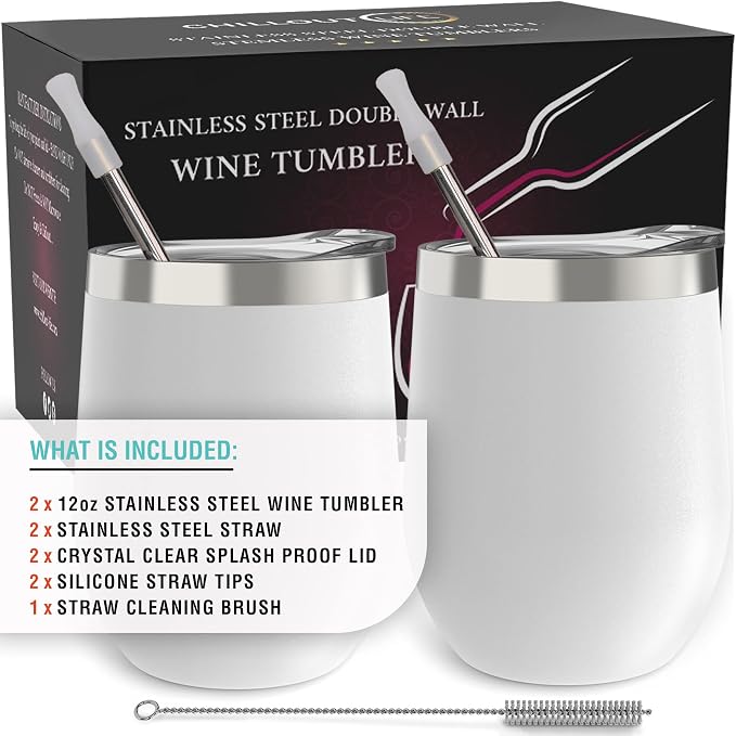 CHILLOUT LIFE 12 oz Stainless Steel Wine Tumblers 2 Pack - Double Wall Vacuum Insulated Wine Glasses Cups with Lids and Straws Set Keeping Cold & Hot for Coffee, Beer, Ice Cream - Powder Coated White