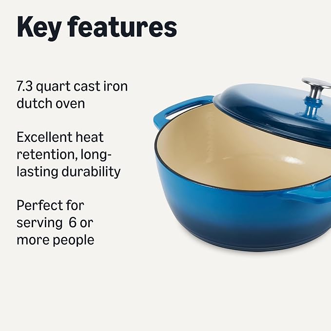 Amazon Basics Enameled Cast Iron Dutch Oven Pot with Lid, Round, Dual Handles, Heavy-Duty, Oven Safe for Stews, Roasting, Baking, 7.3-Quart, Blue
