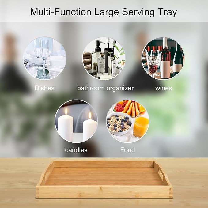 RRX Bamboo Food Serving Tray with Handles,Breakfast Bed Tray (Beige) | Wood Tray for Tea, Snack, Dinner, Home Decorative Storage Food, Platter, Ottoman for Kitchen Counter, Bathroom, Restaurant