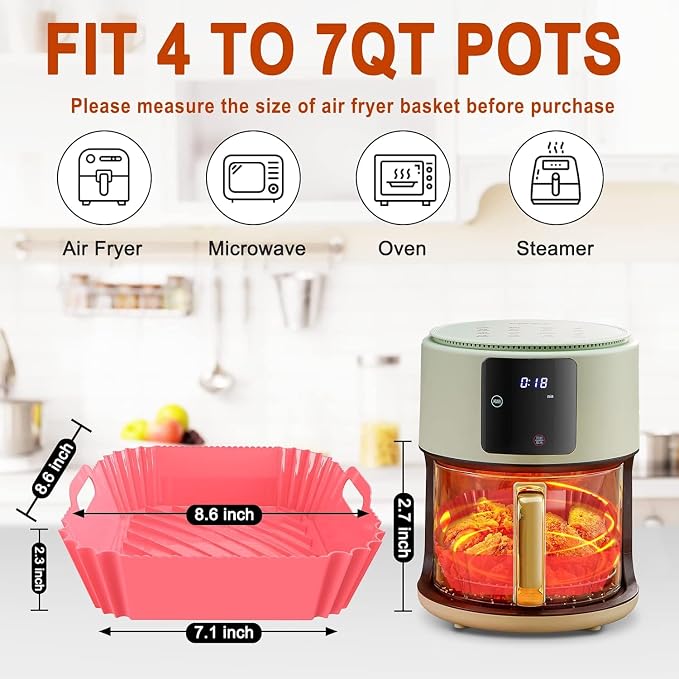 3 Pcs Silicone Air Fryer Liners Square Airfryer Liners 4-7 QT 7.1 Inch Reusable Air Fryer Silicone Pot Oven Liner Baking Tray, Air Fryer Basket Silicone Mat Bowl Air Fryer Accessories Kitchen Gadgets