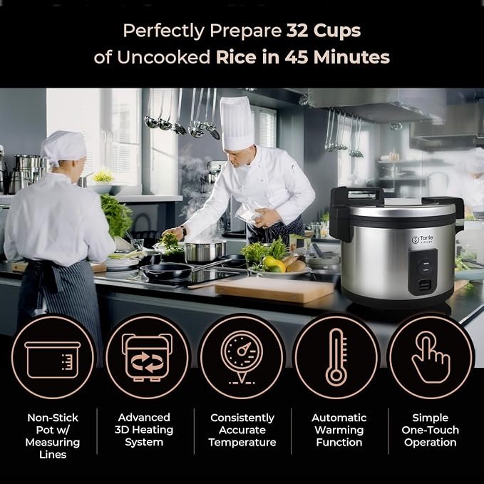 TK Commercial Rice Cooker 64 Cup - Large Capacity Nonstick Pot - Auto Warm | 32 uncooked cups ready in 45 min; 3D heating for evenly cooked rice; Stainless steel body; Swappable TK pot; Cup & scoop