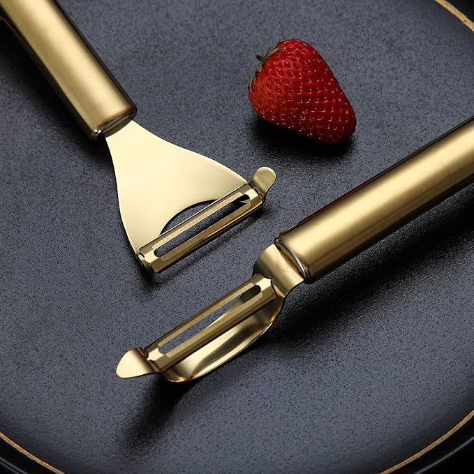 Gold Potato Vegetable And Fruit Peelers For Kitchen, Kyraton Titanium Gold Plating Stainless Steel Peelers,Sharp Blade And Ergonomic Non Slip Easy To Grip Set Of 2