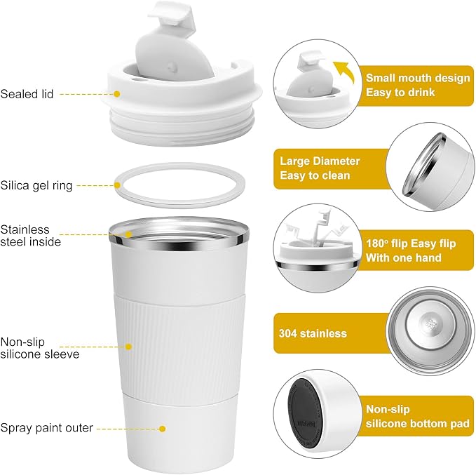 YINJAM 17oz Travel Coffee Mug Insulated Coffee Cups to Go with Leakproof Lid Vacuum Stainless Steel Double Walled Thermal Car Coffee Tumbler for Hot Cold Ice Tea Drinks Reusable (White, 17oz)