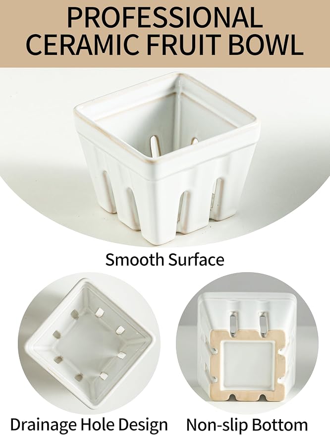 Gomakren Ceramic Berry Basket Set of 2, Square Fruit Bowl with Holes, Small Fruit Basket Containers for Kitchen Counter, Berries, Strawberry, Grape, Cherry, White
