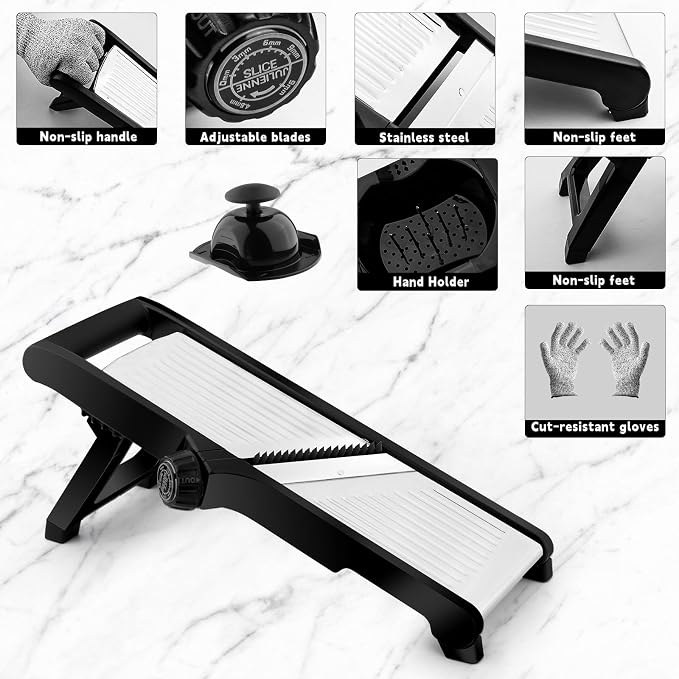 WELTONHM Mandoline Slicer, Adjustable Mandoline Slicer for Kitchen, Stainless Steel Mandolin Vegetable Chopper for Potato, Julienne Cutter with Cut-Resistant Gloves, Black | Stainless Steel Mandoline Slicer for Onion, Cucumber, Cabbage, Potato and Carr...