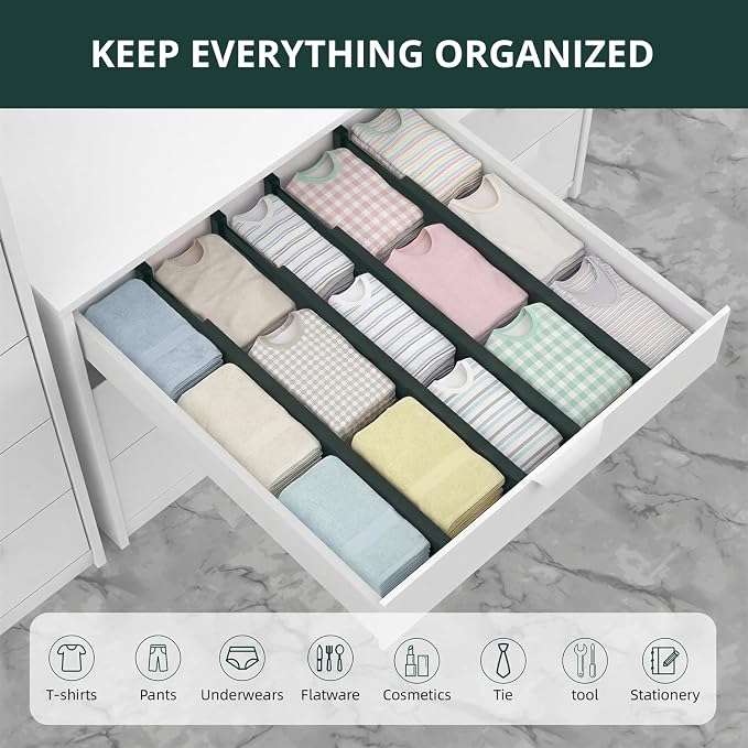 Expandable Bamboo Drawer Dividers Organizers, Drawer Separators Splitter,17-22 inches Long Adjustable Spring-loaded Organizer for Large Utensil, Clothes, Tools(Dark Green)