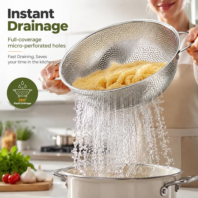 TeamFar Colander Set of 3, Stainless Steel Perforated Colander Strainer | Metal Food Strainer for Draining/Washing/Rinsing Pasta Vegetables Fruits, Healthy, Sturdy & Dishwasher Safe - 1/3/5 Quart