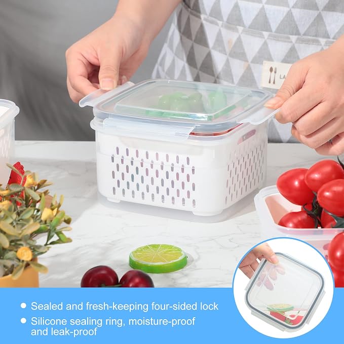 6 Pcs Fruit Storage Containers for Fridge, Food Storage Containers Berry Produce Fridge Organizer with Removable Colander Keep Fruits, Vegetable, Veggie, Meat Fresh Longer(Small, Medium, Large)