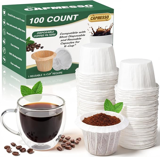 CAPMESSO Disposable Coffee Paper Filters, 100 Count Keurg Cup Coffee Filters Compatible with Keurg Brewers Reusable Single Serve 1.0 and 2.0 Coffee Maker (100 Count, White)