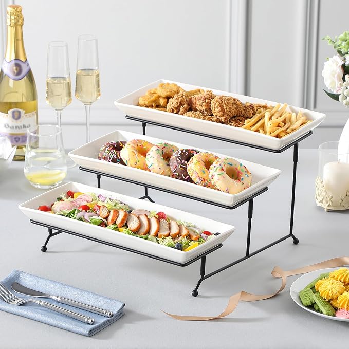 MALACASA 3 Tier Serving Trays, White Porcelain Serving Platters, 14 Inch | Tiered Cupcake Stand for Party, Fruit Tray, Trays for Serving Food, Dessert Stand with Collapsible Sturdier Metal Rack
