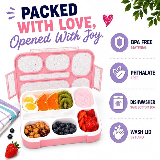 kinsho Glitter Bento Box Lunch Box for Kids Girls, Cute School Snack Meal Prep Container for Lunches, Pink