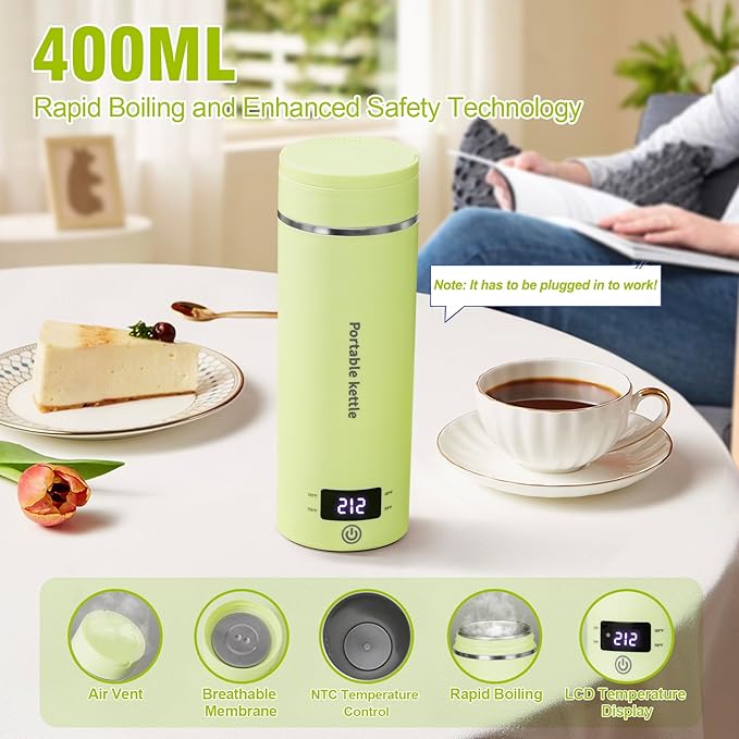 Touxila Portable Electric Kettle for Travel 120V, 13.5oz, 4 Temp Settings | 304 Stainless Steel Lining,Fast Boiling Water,Auto Shut-Off,Boil Dry Protection,Small Kettle for Office & Hotel(Green, 400ML)