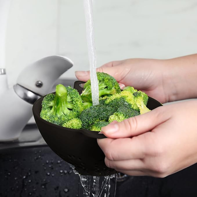Meadow Lane 6-Inch Small Colander, 3-Cup Food Strainer, Glossy Black | BPA-free, dishwasher-safe mini colander has a wide, shallow bowl, 1/8-inch holes, two handles, ring foot and smooth edges.