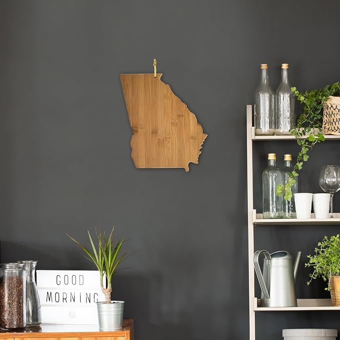 Totally Bamboo Georgia State Shaped Bamboo Serving and Cutting Board | State charcuterie board with natural bamboo grain. Knife-friendly surface for food prep. Hang tie for wall display.
