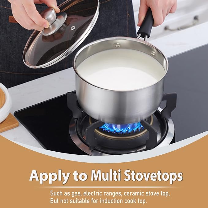 P&P CHEF 1 & 2 Quart Sauce Pan With Lid, Small Pot Saucepan for Milk, 2 Pcs | Stainless Steel Saucepan, Small Sauce Pot for Cooking, Visible Glass Lid & Bakelite Heat-Proof Handles,Dishwasher Safe