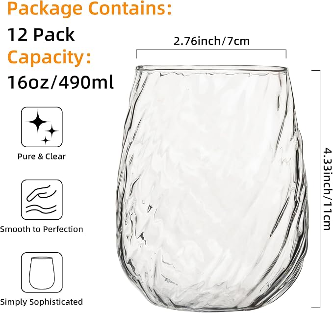 UMEIED 12-Pack Glass Tumbler Set, 16oz Twisted Design | Refractive Spiral Texture, Heavy Flat Base, Perfect for Bar, Restaurant, or Gift