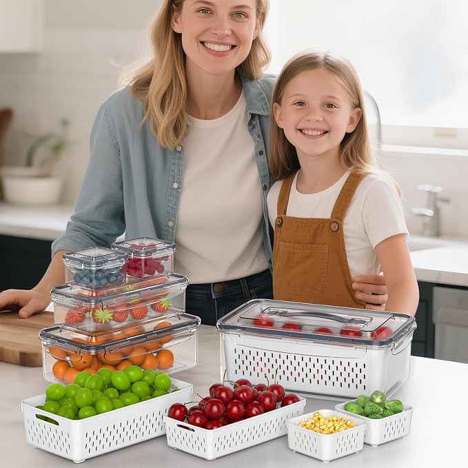 5 Pcs Fruit Storage Containers For Fridge with Removable Colander and Handle Lid, Refrigerator Organizers and Storage, Airtight Container to Keep Berry Fruit and Vegetable Fresh Longer Dishwasher Safe