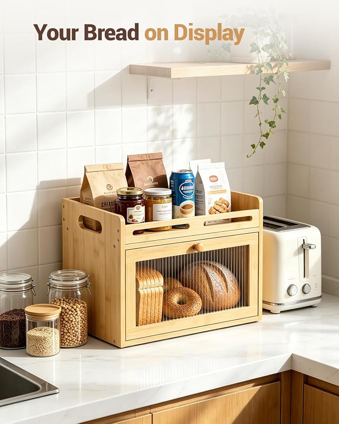 Bread Box for Kitchen Countertop, Bamboo Bread Storage Container with Raised-Rail Top Shelf and Acrylic Window, Farmhouse Breadbox Organizer for Pantry, Fruit, Spices