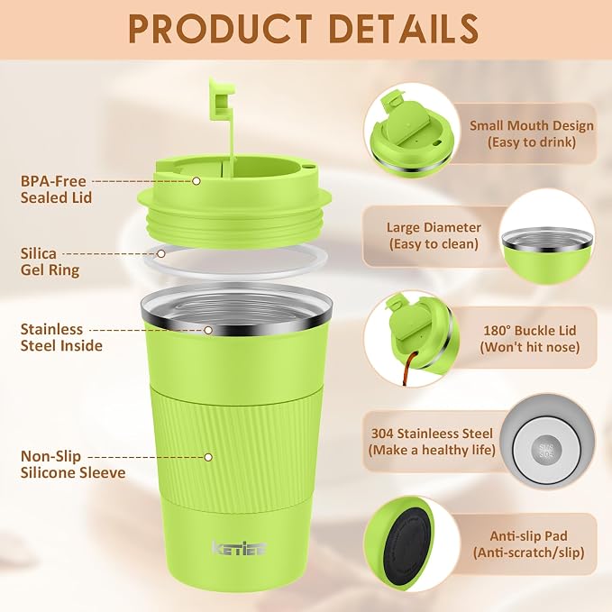 KETIEE Coffee Mug 12oz, Insulated Travel Mug with Leakproof Lid, Double Wall Vacuum Travel Coffee Mug Stainless Steel Reusable Coffee Cup for Hot and Iced Coffee Tea Water (Green) | Double Wall Vacuum Travel Coffee Mug Stainless Steel Reusable Coffee C...