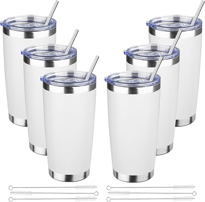 20 oz Tumbler with Lids and Straws, Stainless Steel Insulated Travel Coffee Mug, Double Wall Vacuum Insulated Tumblers, Powder Coated Coffee Tumbler for Cold & Hot Drinks (White, 6 Pack)