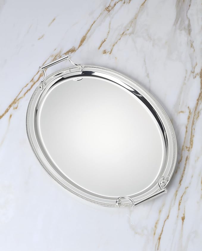Reed & Barton Oval Silverplate Serving Tray with Handles | braided metal border | 13 x 17 inch | elegant entertaining or vanity decor, gift for women, vanity decor item