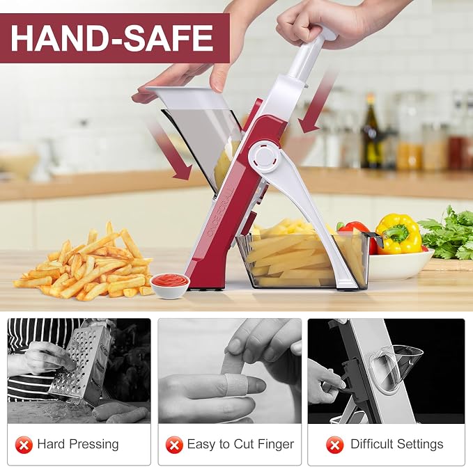 5 in 1 Adjustable Safe Mandoline Slicer for Kitchen with Paring Knife | Safe Mandoline Slicer for Kitchen, Easy to Clean/Storage, Potato Slicing, Strips, Shredding, Dicing, Chop, Cleaning brush