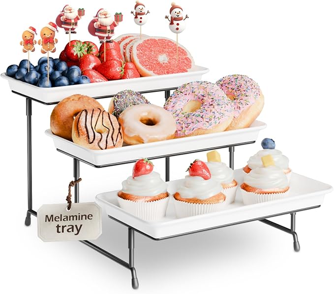 Bumusty 3-Tier Melamine Serving Tray Set, 11.5 x 5.6 in, Black Stand | Melamine Reusable Platters with Metal Display Stand for Cupcakes, Desserts, Fruit, Cookies, Parties, Birthdays and Holidays