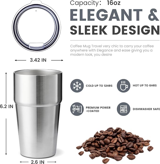 MEWAY 16oz Tumbler Double Wall Vacuum Insulated Travel Mug Bulk, Stainless Steel Tumblers with Lid, Powder Coated Coffee Cups for Cold & Hot Drinks (Silver,1 Pack)